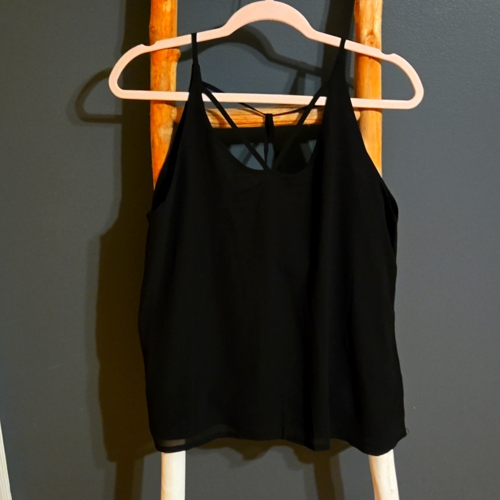 flowy black v-neck tank top with a strappy racerback detail. Large